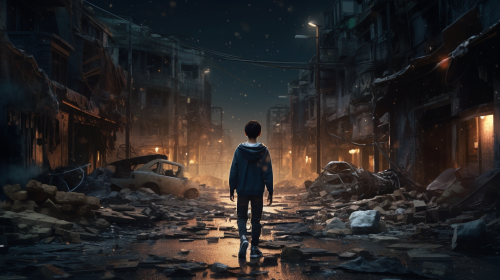 A scared boy walks through destroyed city at night