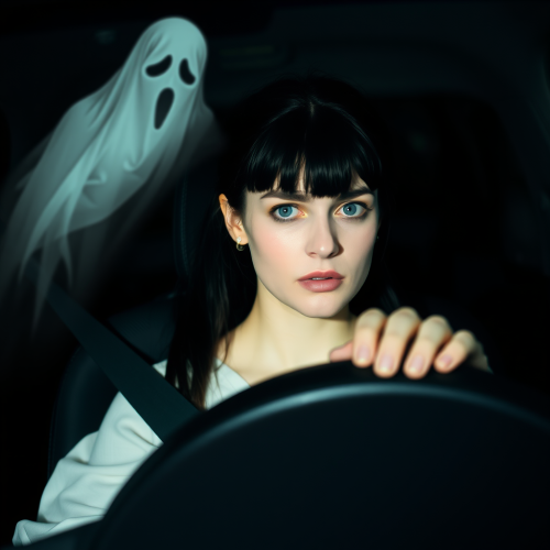 A scared lady in her car with a ghost.