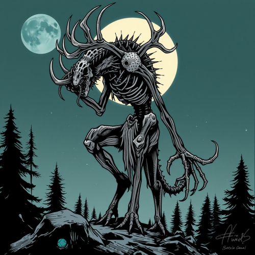 A scary creature standing in the forest.