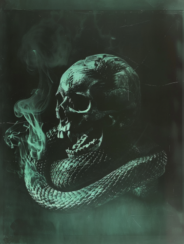 A scary snake next to a skull