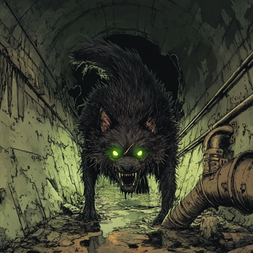 A scary wolf-like creature with green eyes in sewer