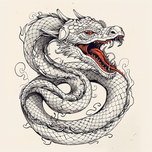 A sepia dragon with red eyes tattoo