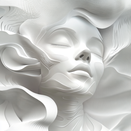 A serene face surrounded by abstract shapes, symbolizing calmness