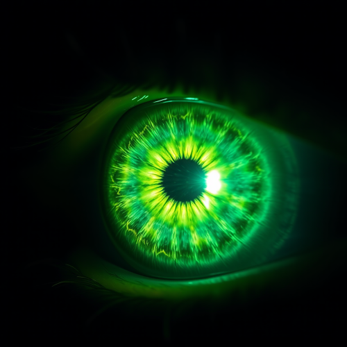 A shining green star eye in close-up photo.