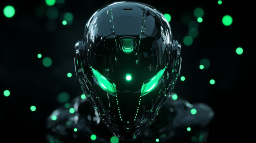 A shiny black robot head in glowing green