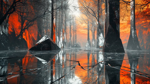 A shiny forest with trees and broken glass