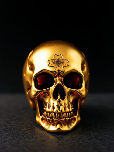 A shiny gold skull on a black background.