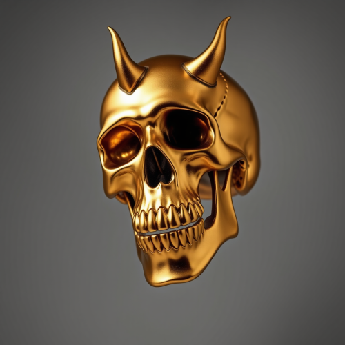 A shiny golden skull in a dark cave.