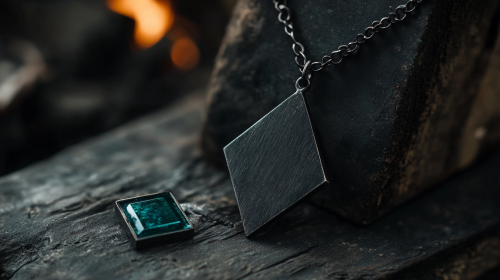 A shiny necklace with big black triangle and small square.