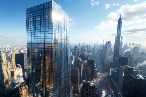 A shiny tall building in busy city