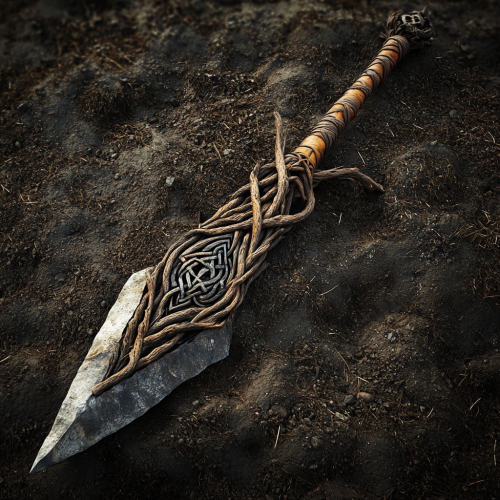 A shiny twisted root spear with runic symbol