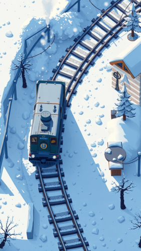 A side-view steampunk train in snowy pixel art.