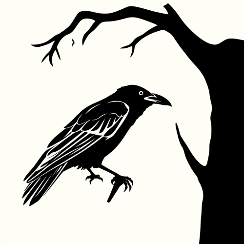 A simple black and white silhouette of a raven.