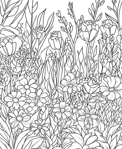 A simple sketch of lush garden with flowers