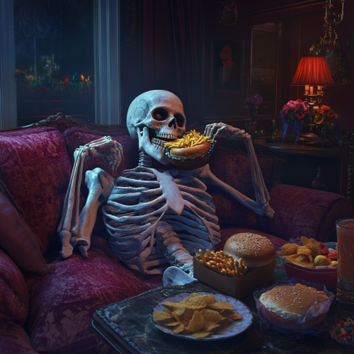 A skeleton enjoying a feast at home