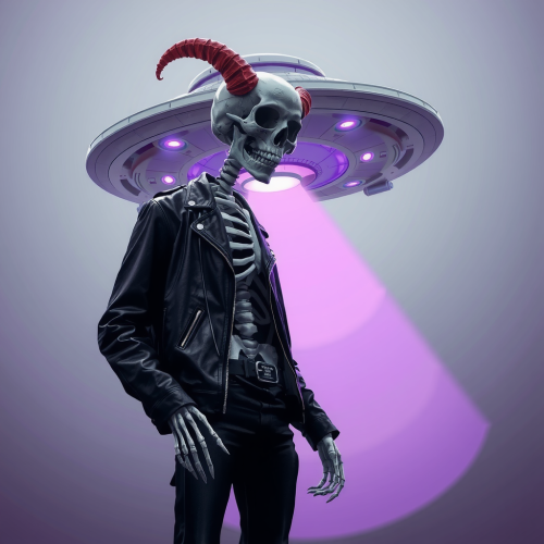 A skeleton with horns abducted by purple spaceship.