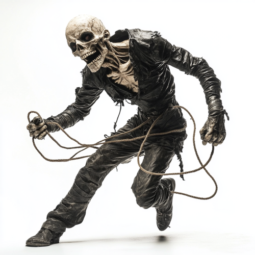 A skinny creature with skull face runs angrily