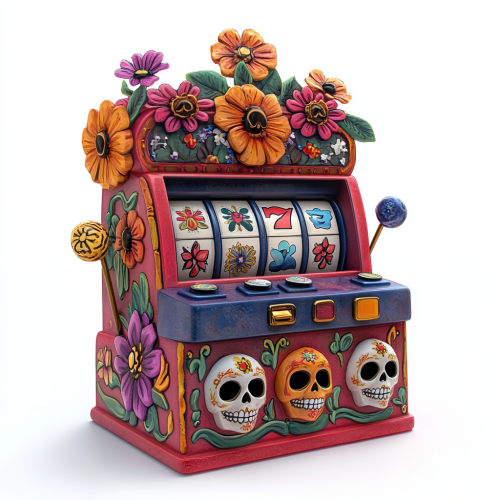 A slot machine with skulls and flowers on white
