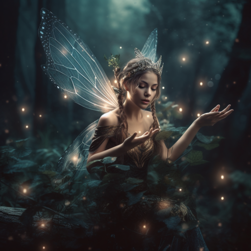 A small fairy with magical hands in a forest.