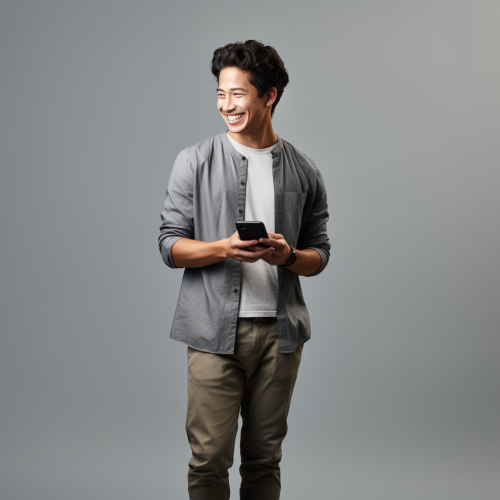 A smiling 30-year-old Asian man looking at phone