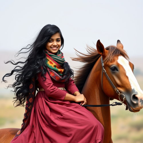 A smiling Iranian girl rides brown horse gracefully.
