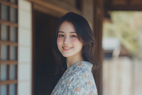 A smiling Japanese woman in front of building