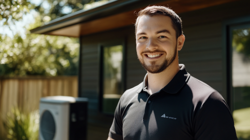 A smiling engineer in black shirt with pump