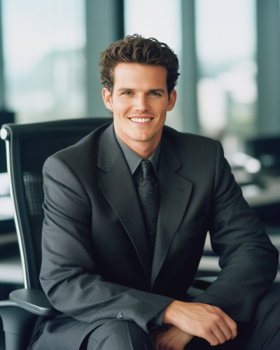 A smiling man in gray suit sitting in office