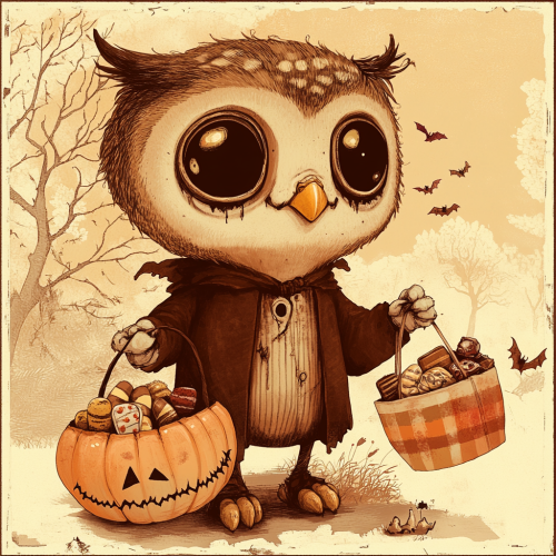 A smiling owl in Frankenstein costume holds candy