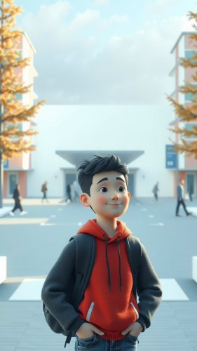A smiling student faces university worries in 3D.