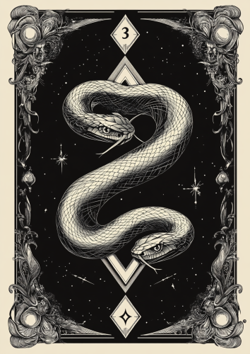 A snake going through diamonds on card.