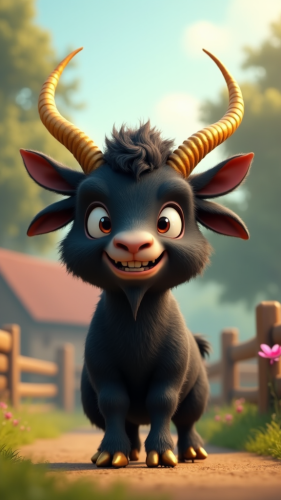 A sneaky black goat with golden horns smile.