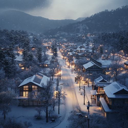 A snowy Christmas village at dusk in winter