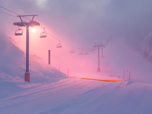 A snowy mountain with ski lift and mist