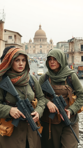 A soldier woman protects city with partner.