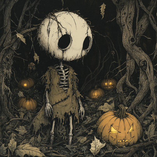 A spooky, whimsical scarecrow in dark, eerie setting