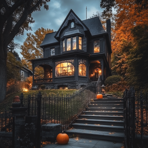 A spooky Victorian house on hill at night