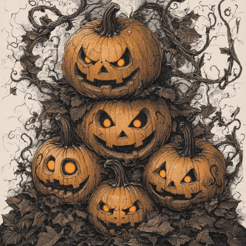A spooky jack-o'-lantern sculpture with eerie details