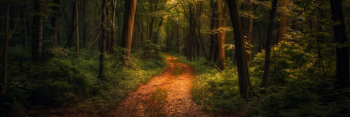 A spooky night time trail in the woods.