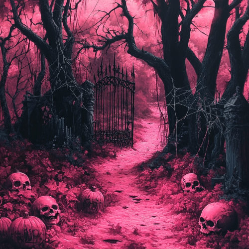 A spooky pink forest with skull decorations
