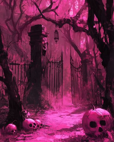 A spooky pink forest with skulls and jack-o-lanterns