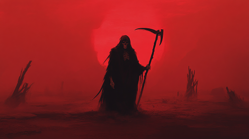 A spooky skeleton with scythe in eerie mist.