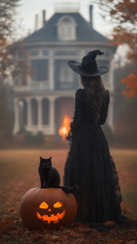 A spooky witch by the bonfire in autumn
