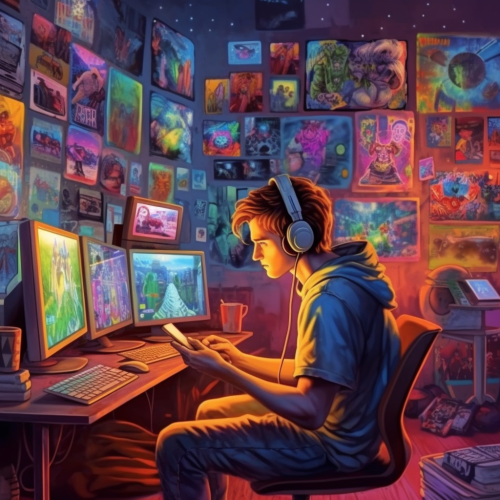 A student surrounded by screens and phone looks busy