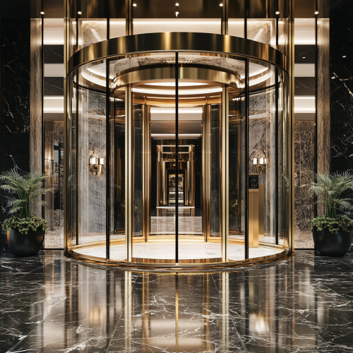 A stunning hotel entrance with revolving glass doors
