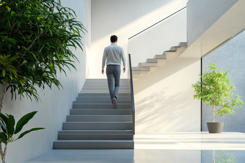 A stylish Japanese man on modern staircase