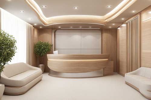 A stylish bank interior with modern seating.