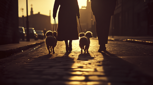 A stylish couple walking fancy poodles near London.