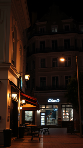 A stylized cafe and building on nighttime street.