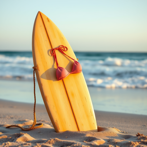 A surfboard in sand with bikini top draped.